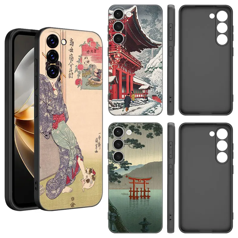 Ukiyo-e Japanese Style Art Black Silicone Phone Case For Samsung Galaxy S23 S21 S20 FE S24 S22 Ultra S10E S10 S9 S8 Plus