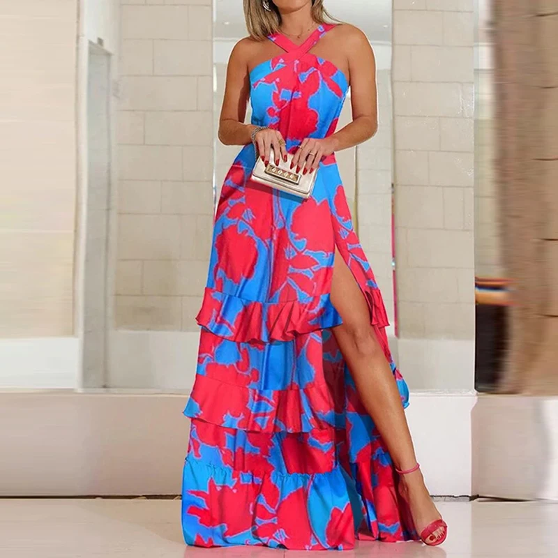 

Women Elegant Split High Waist Party Dress Fashion Pattern Print Pleated Long Dresses Summer Sexy Cross Ruffled Suspenders Dress