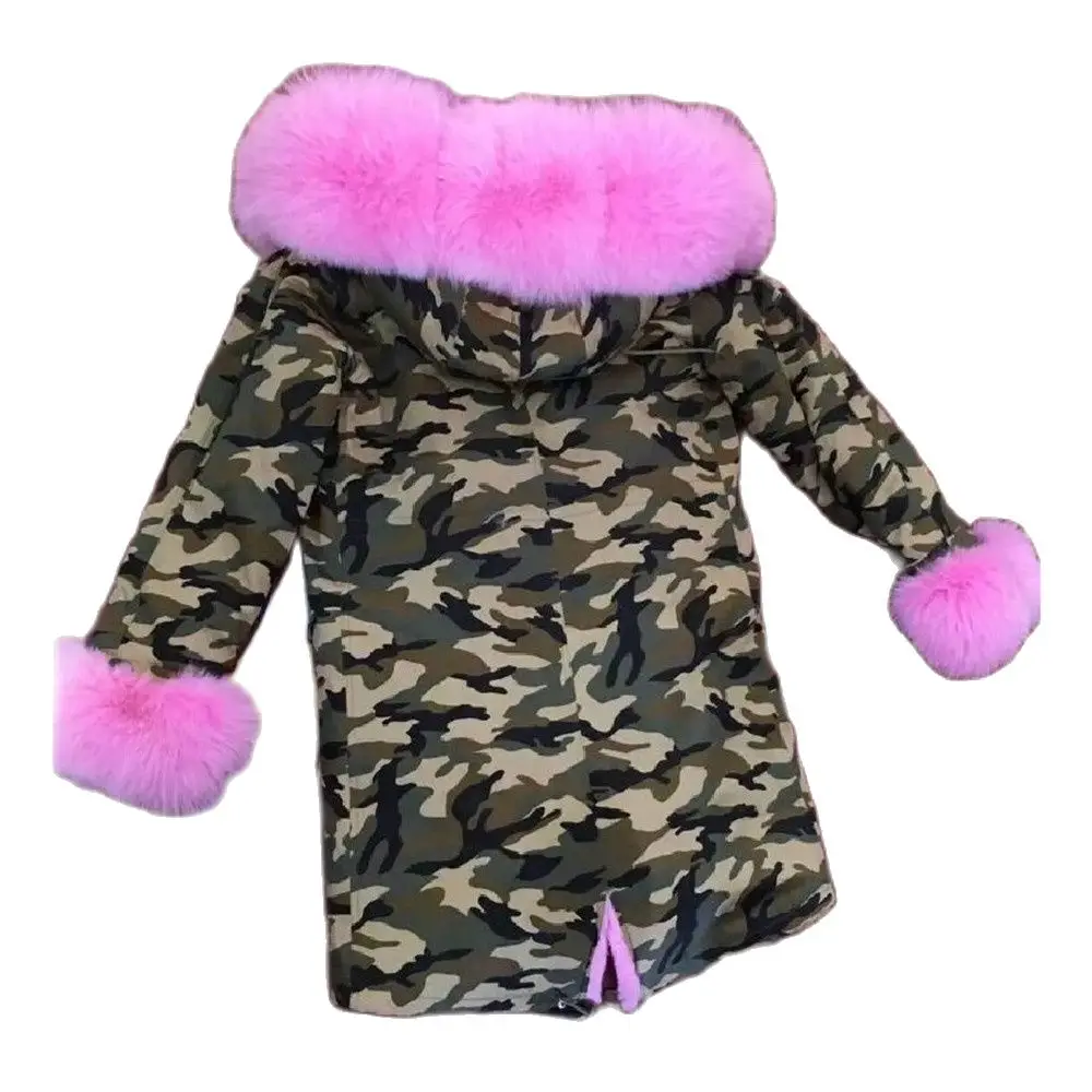 Newest Camouflage Pink Fashion Long Fox Fur Trim Coat Biggest Cuffs For Ladies Faux Fur Lined Parka