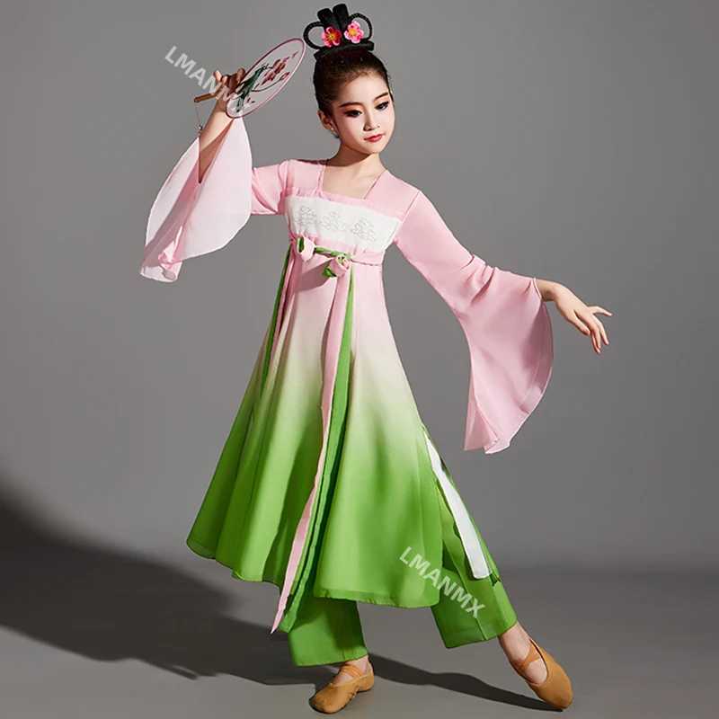 أزياء أداء الرقص الكلاسيكي للأطفال، لعب الأسماك، أوراق اللوتس، أزياء الرقص هانفو، Ruqun #2