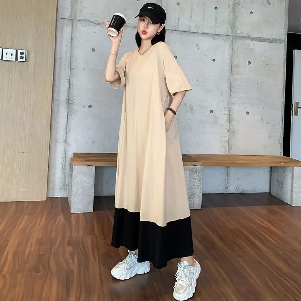 

2024 Women's Summer Fashion Loose O-neck Dresses Female Short-sleeved T-shirt Dress Ladies Patchwork A-line Vestidos M174