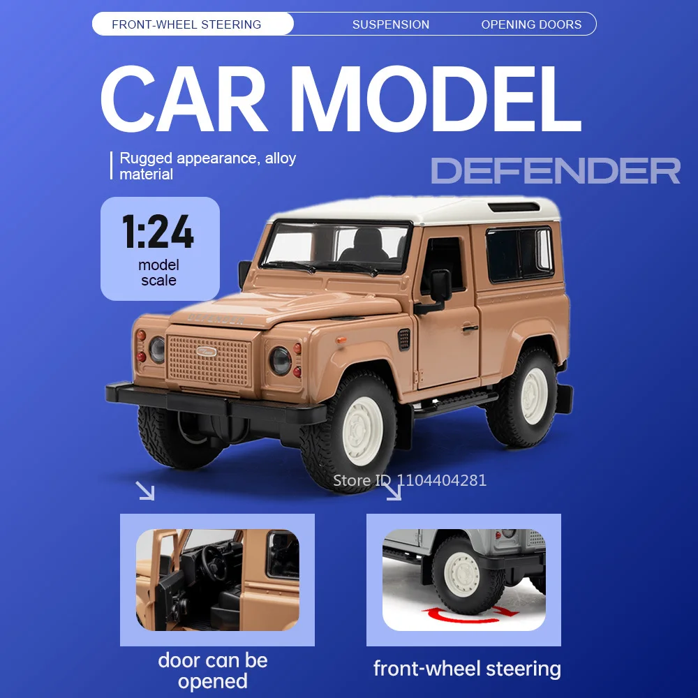 

1:24 Land Rover Defender Alloy Diecast Off-road Vehicle Model Toys Miniature Car Doors Opened Shock Absorption Cars Gift for Kid