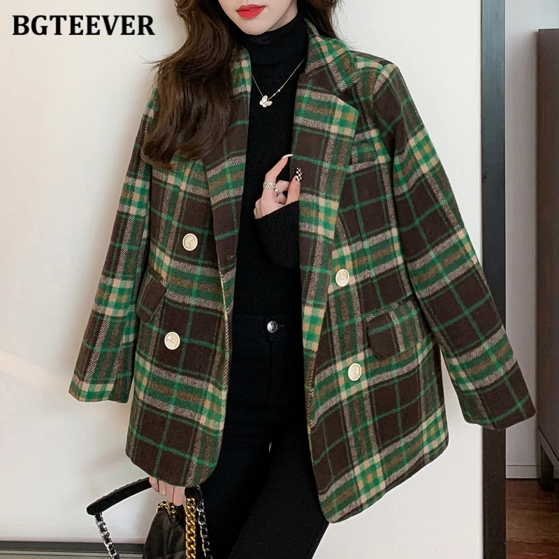 

BGTEEVER Vintage Thicken Warm Ladies Double Breasted Plaid Blazer Winter Notched Collar Long Sleeve Loose Female Suit Jackets