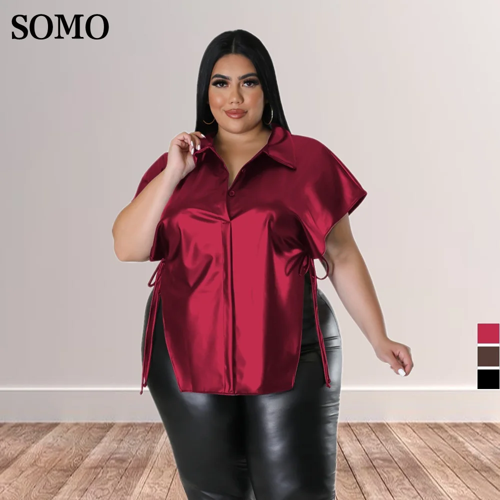 

SOMO 4XL Short Sleeve Plus Size Tops Solid Color Loose Bandage Shirt Elegant Lapel Women Chic Louses Wholesale Dropshipping
