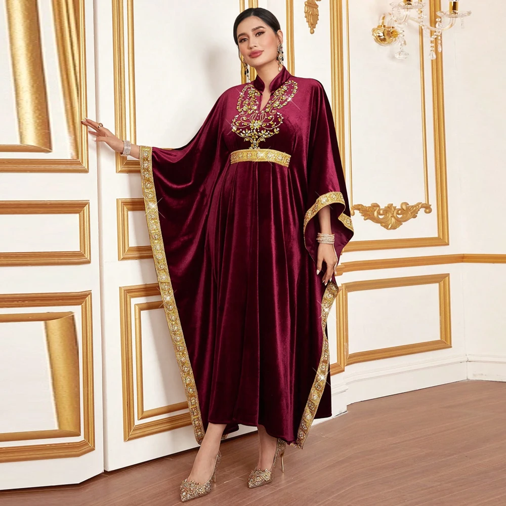 Uni Velvet Autumn Winter Casual Hand Work Rhinestone Bat Sleeve V-Neck Dubai Dress Moroccan African Women Kaftan Ramadan