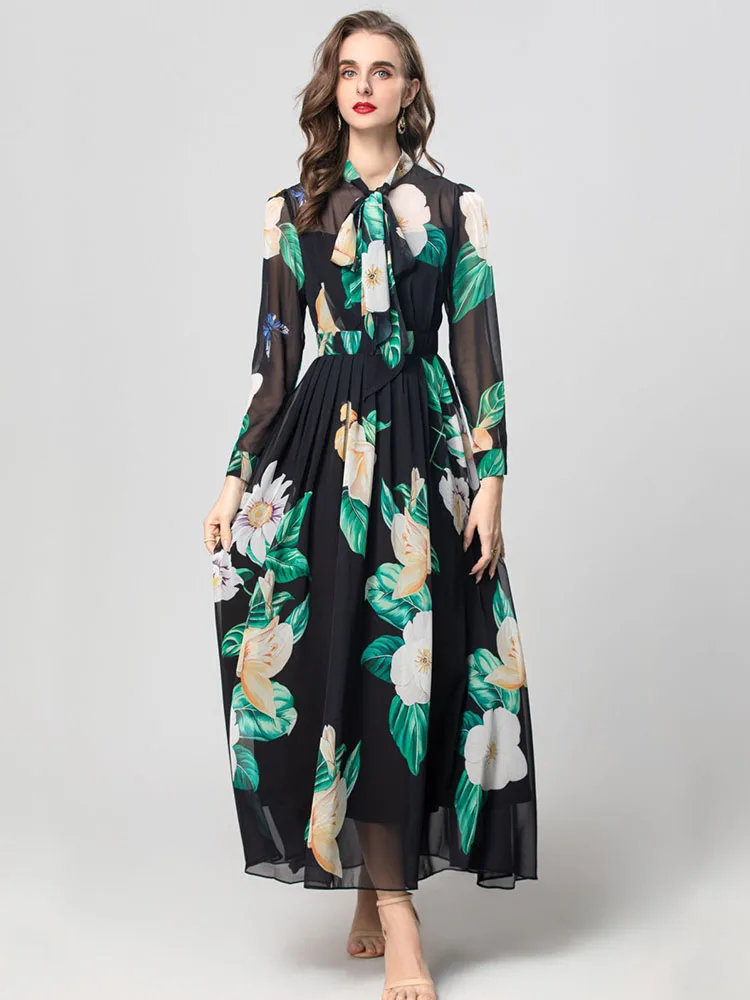 Spring Summer Women Fashion Floral Printing Beach Holiday Dress Scarf Collar Long Sleeve Pullover Expansion Vestidos