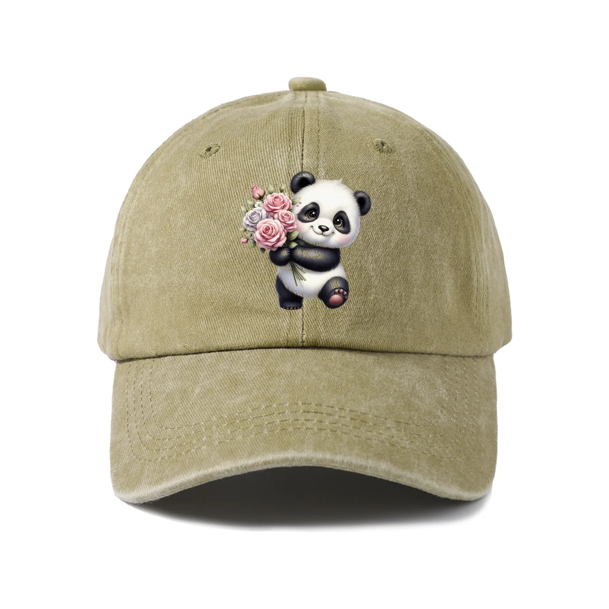 Panda Holding Pink Roses Graphic Vintage Washed Baseball Cap, Adjustable Unisex Dad Hat for Men and Women