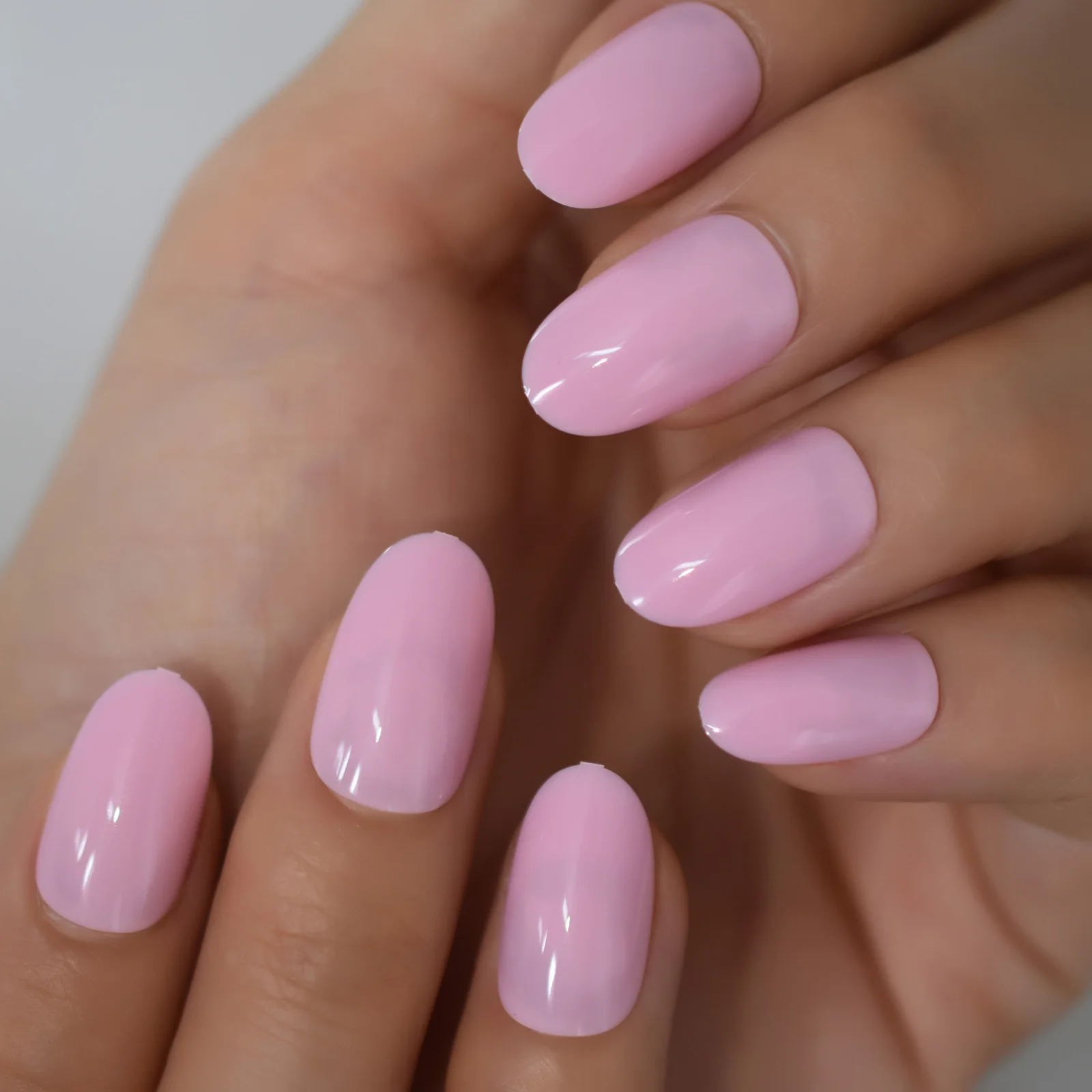 Pink Press On Fake Nails Almond Round Medium Length False Nails Tips Solid Pink Color Gloss Acrylic Nails Art Set