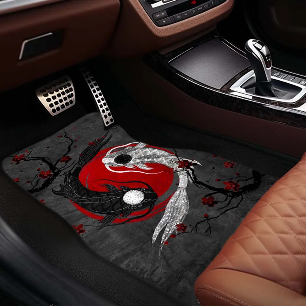 

4pcs Universal Car Floor Mats Black And White Taiji Fish Print Floor Mats, All Seasons Carpets Are Easy To Clean