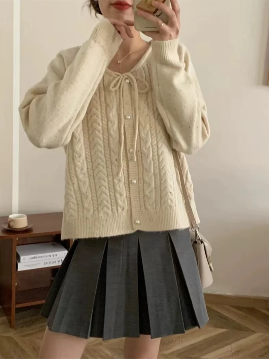 ルーズ U ネック ニット セーター カーディガン パール ボタン カラー コットン ドット デザイン トレンディ ストリートウェア ストレート カット 長袖