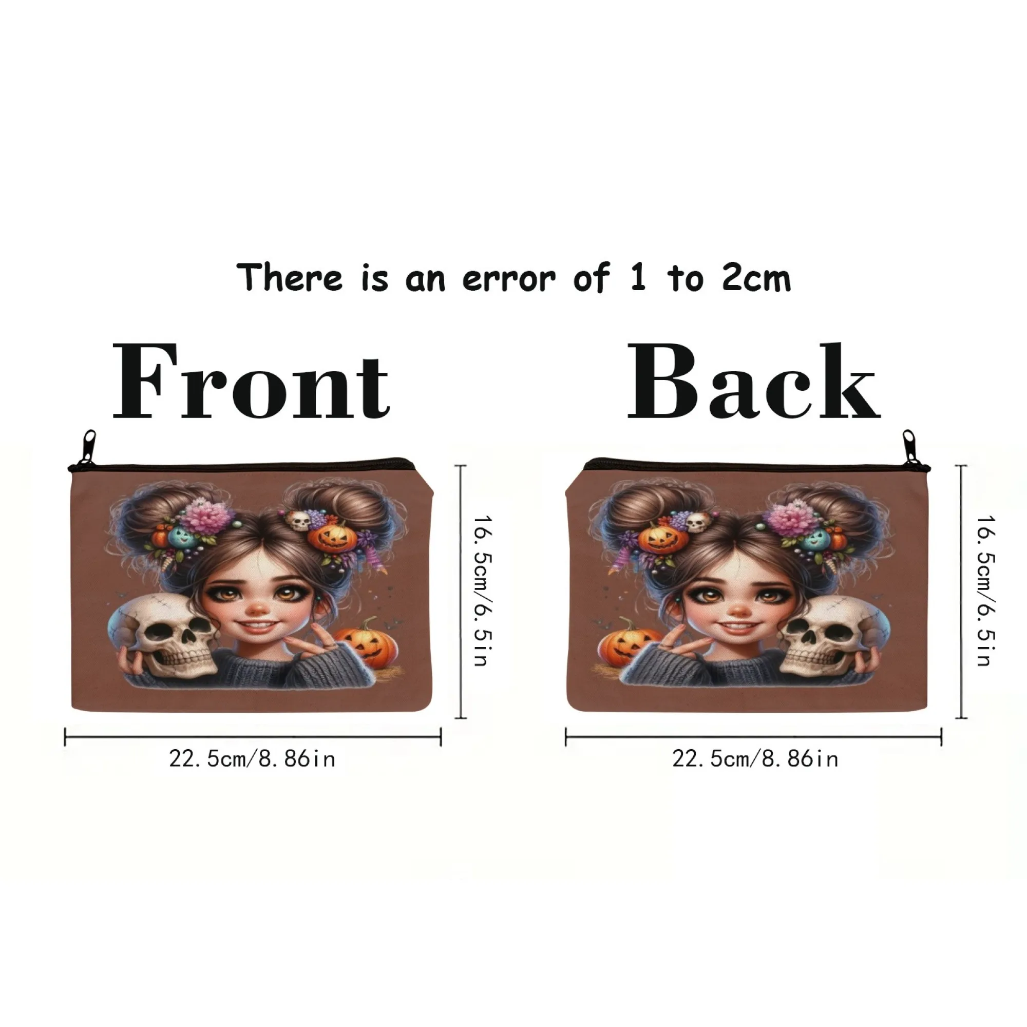 Милая девушка с черепом и тыквой. Стильная косметичка на молнии. Портативная косметичка с зеркалом. Прочная дорожная косметичка.