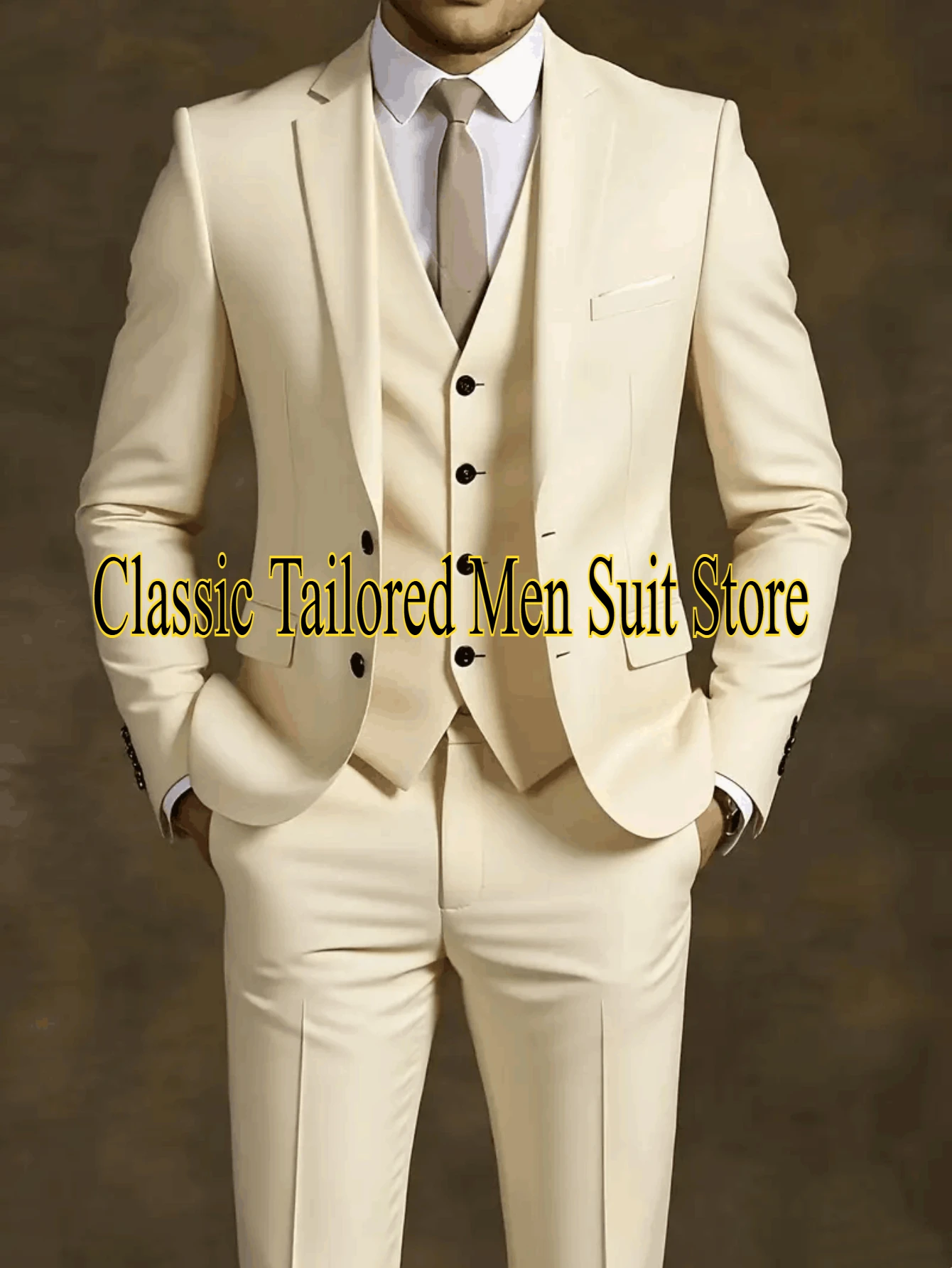 

New Beige Men Tuxedo Groom Groomsman Business Suit Wedding Party Dress Special Occasions Tuxedo Jacket Pants Vest 3 Piece Set