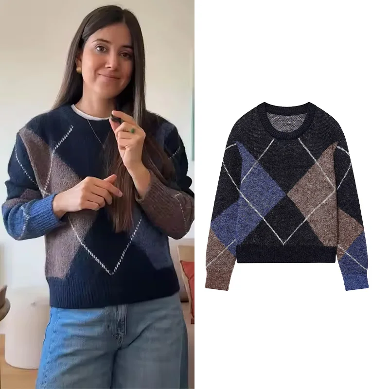 

Women Argyle Jumper Casual Spring Knit O Neck Long Sleeve Loose Women's Sweaters Ribbed Trims Lady Pullover Simple Female Tops