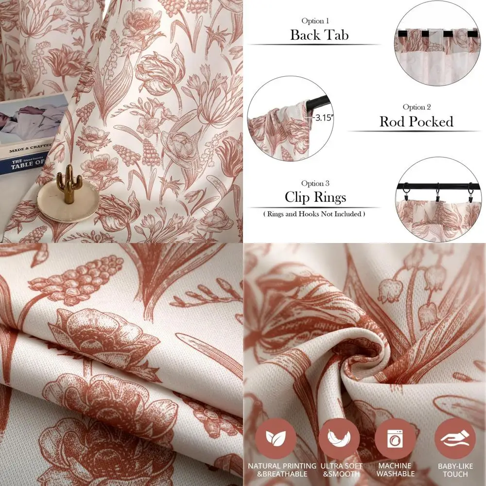 

Poppy Floral Farmhouse Curtains, 2 Panels, Chenille Drapes, Back Tab, 52W x 84L, for Bedroom, Living Room, Patio Doors