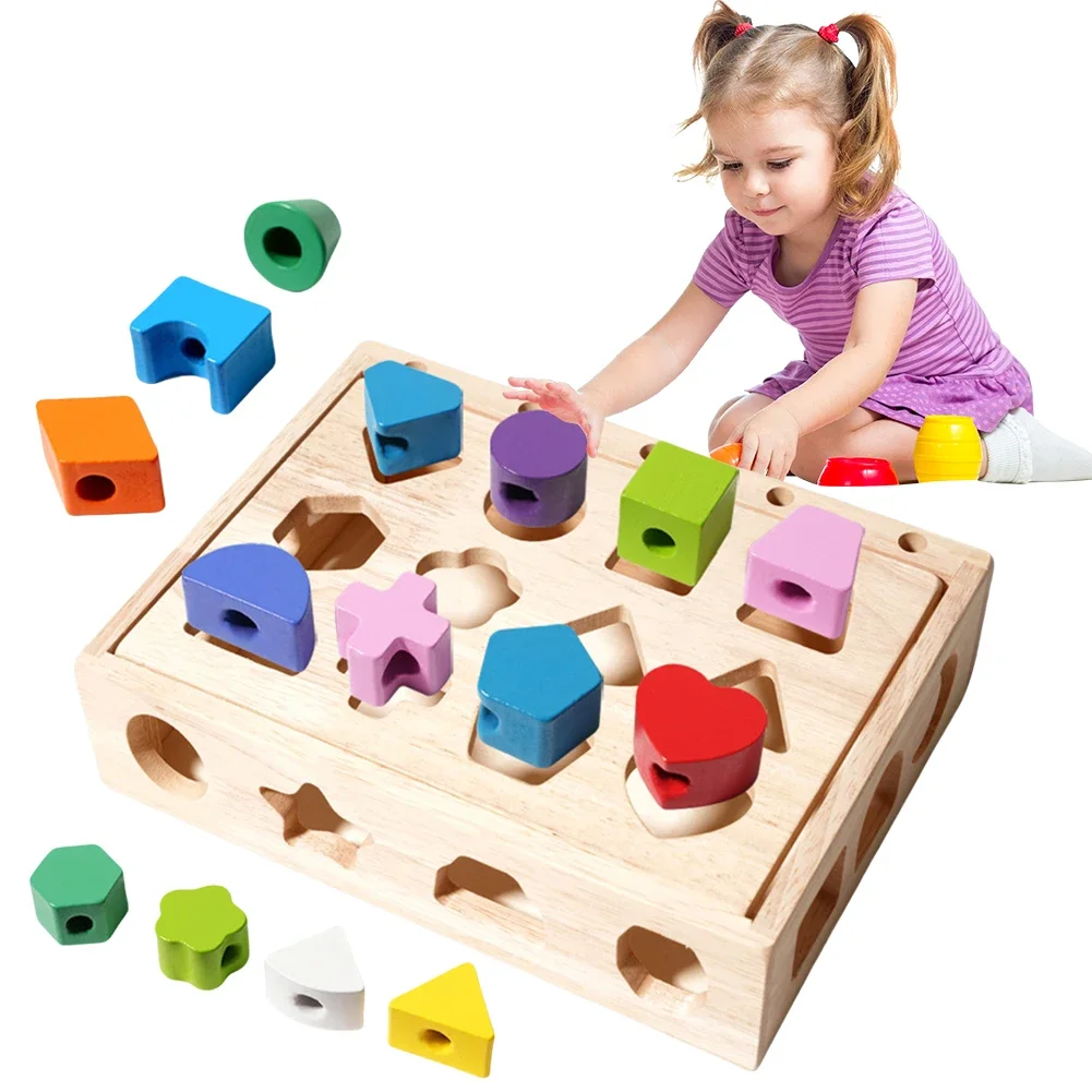 3 in 1 Wooden Color Sorting Stacking Toys Montessori Toys Geometric Shape Matching Game Beads Sequencing Toy for Toddler