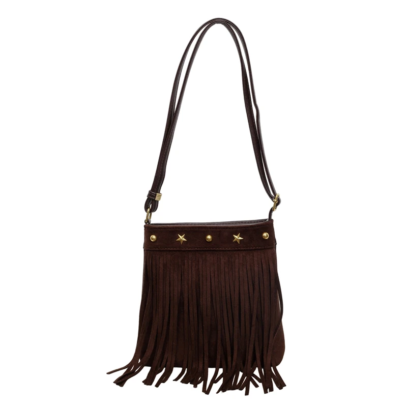 Autumn/winter New Vintage Fringe Crossbody Bag Western Star Rivet Suede Shoulder Purse Boho Retro Tassel Small Messenger Handbag view 6