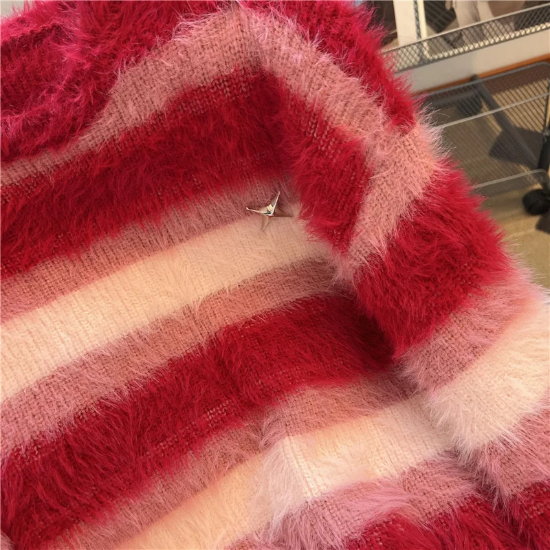 Y2k Aesthetic Red Mohair Soft Women Sweater Striped Grunge Autumn Harajuku Loose Pull Femme All Match Japanese Sueter Mujer