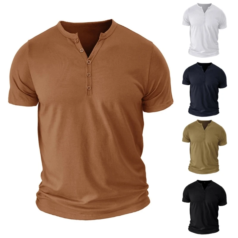 

Mens Short Sleeve Casual Cotton Shirt Solid Color Button Up Neck Pullover Top