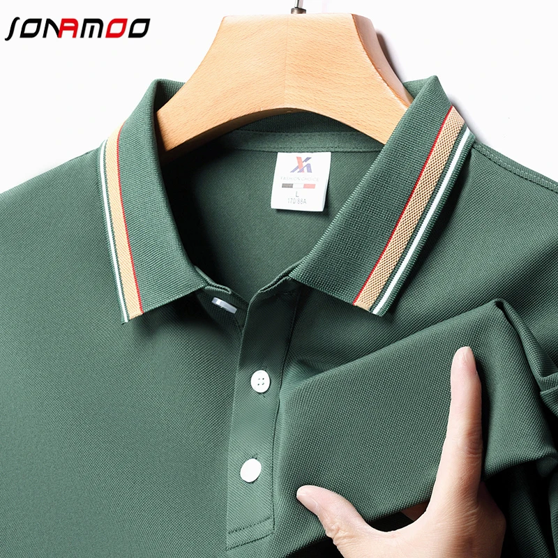 Men\'s Fashion Solid Short Sleeved Striped Lapel Polo Shirt Summer Breathable Comfortable Top