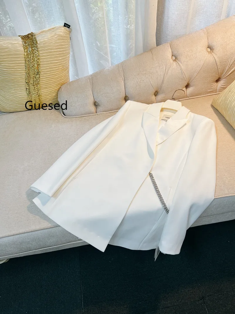 Guesed White Blazer Top Quality Autumn Handmade Shining Diamond Chian Slim Waist Loose Luxury Outerwear Female New Arrival