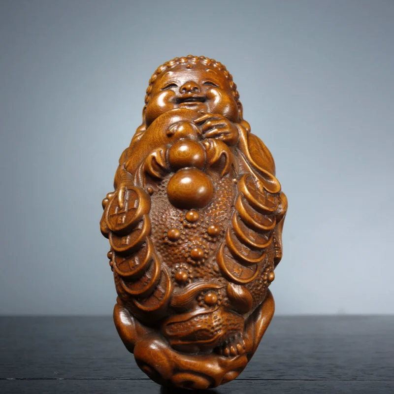 Creative Chinese Boxwood Hand-carved Golden Toad Statue Ornament