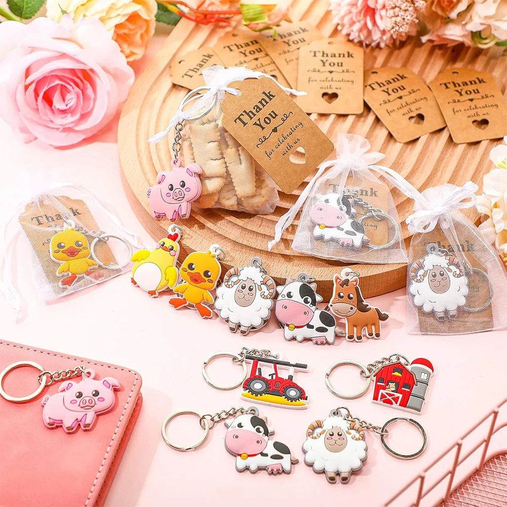 16 set  farm animal party gifts with keychain kraft paper label white transparent hard gauze bag birthday school carnival reward