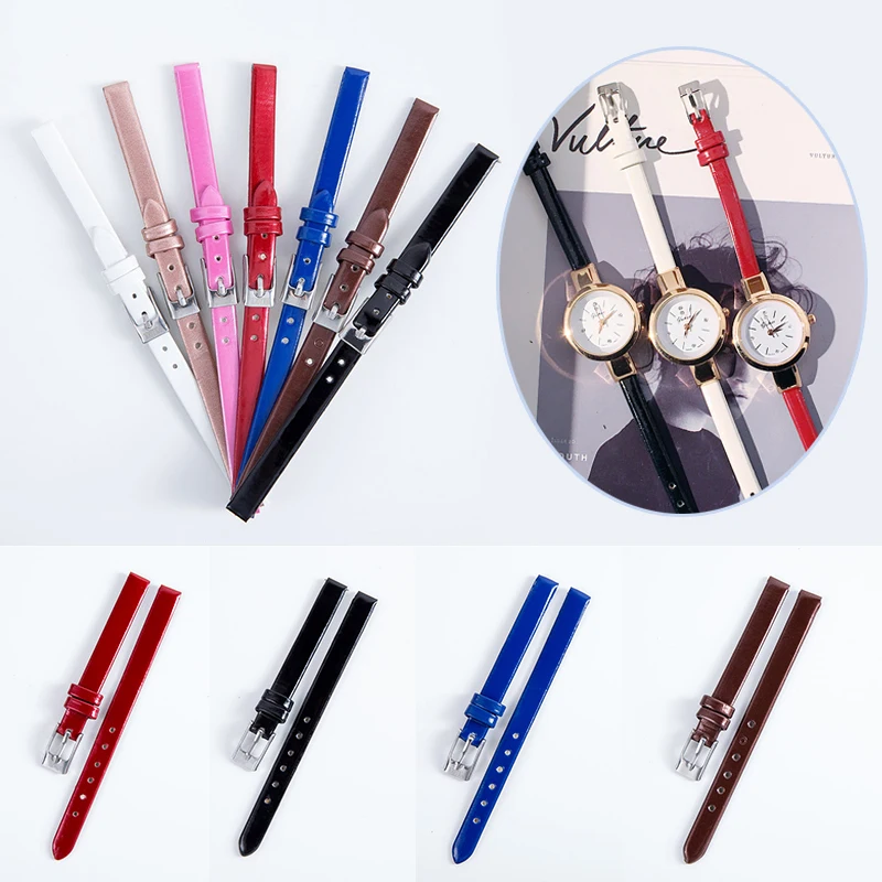 1Pc Genuine Leather Watchband 8mm Women Watches Watch Accessories Thin Watch Strap Wrist Belt with Stainless Steel Pin Buckle