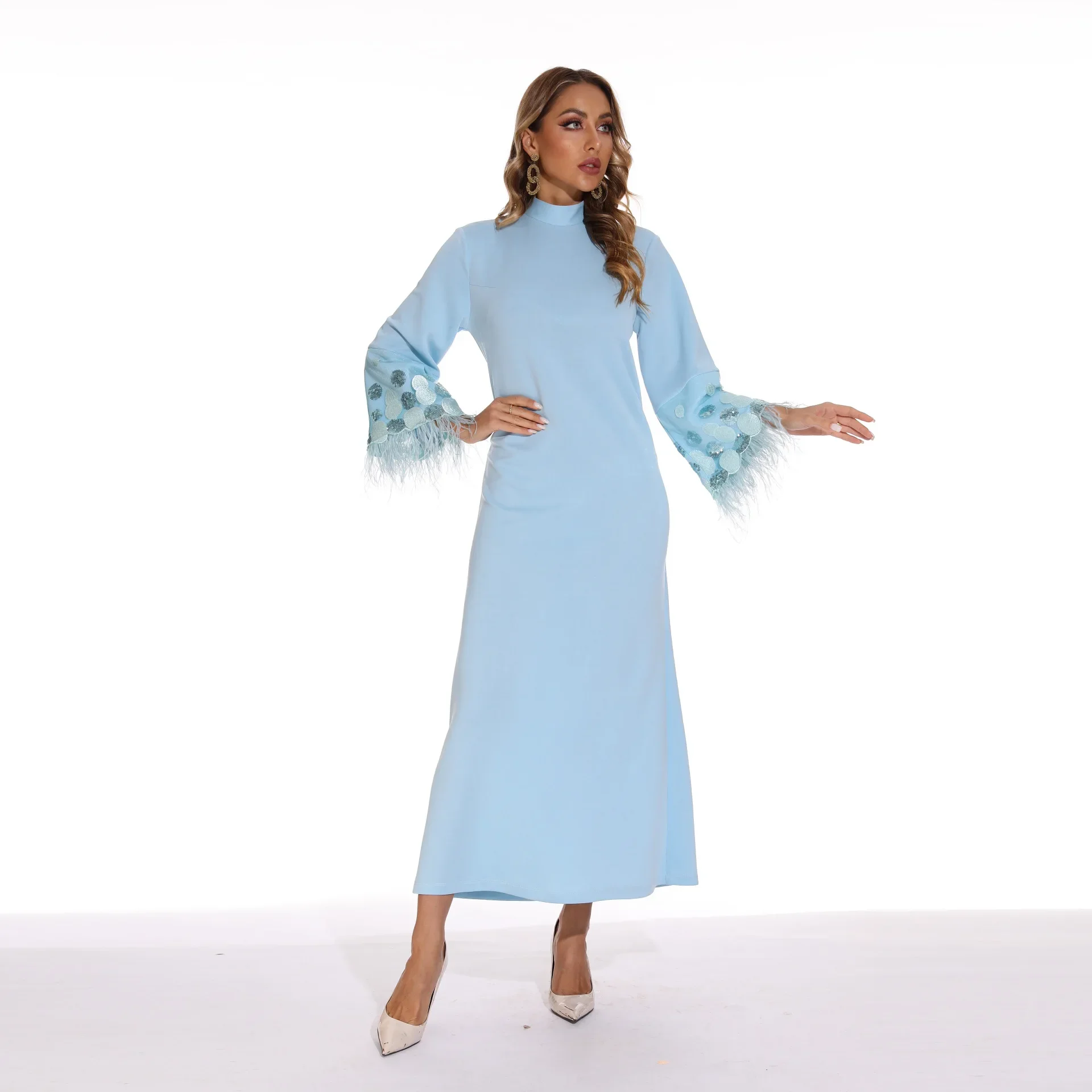 Muslim Dress Women 2022 New Elegant Solid Middle East Arab National Round Neck Sequin Feather Sleeve Long Robe Femme Musulmane