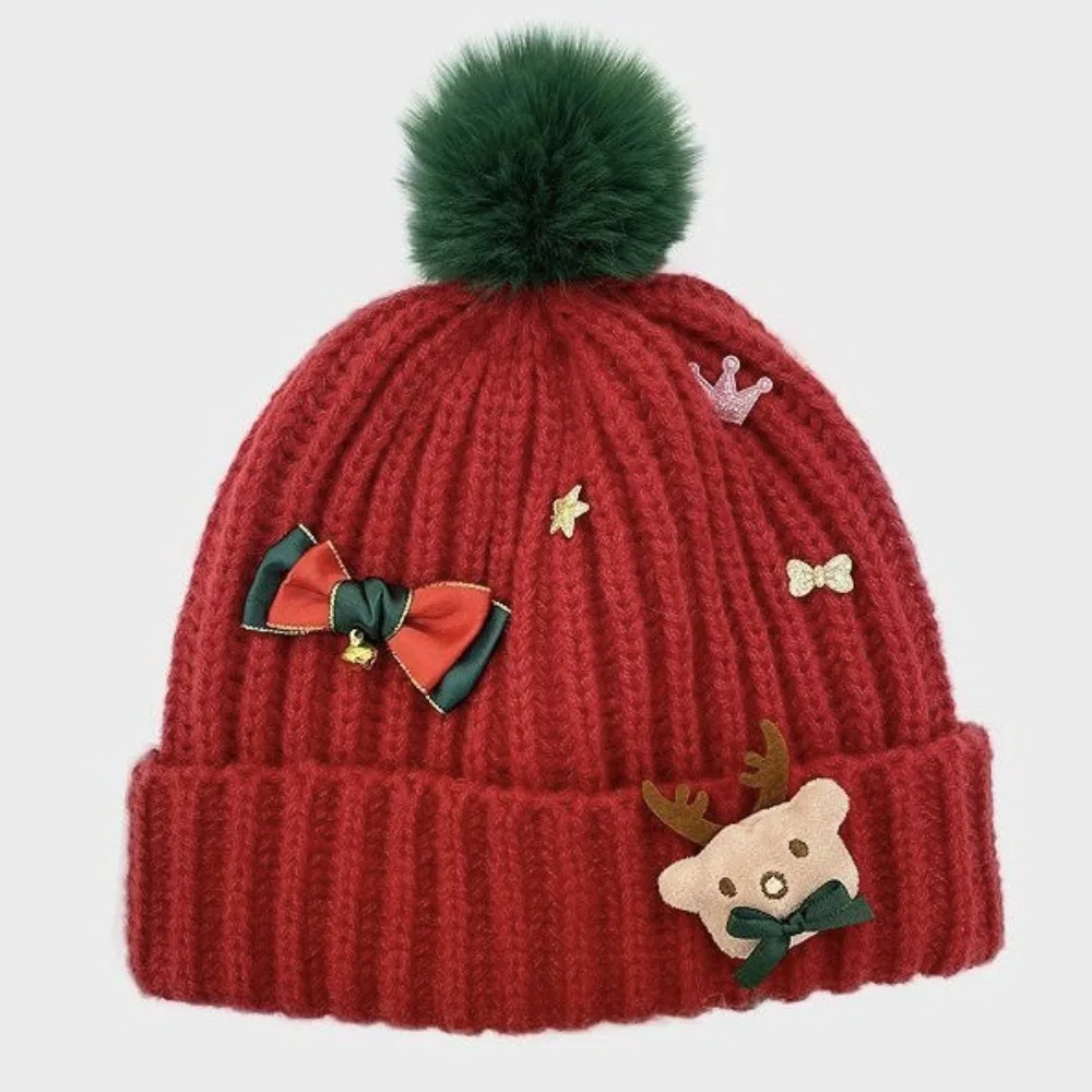 Personality Soft Christmas Plush Cap Bow Warm Big Pullover Hat Green Snowflake Red Knitted Woolen Hat Women Red Knitted Woolen