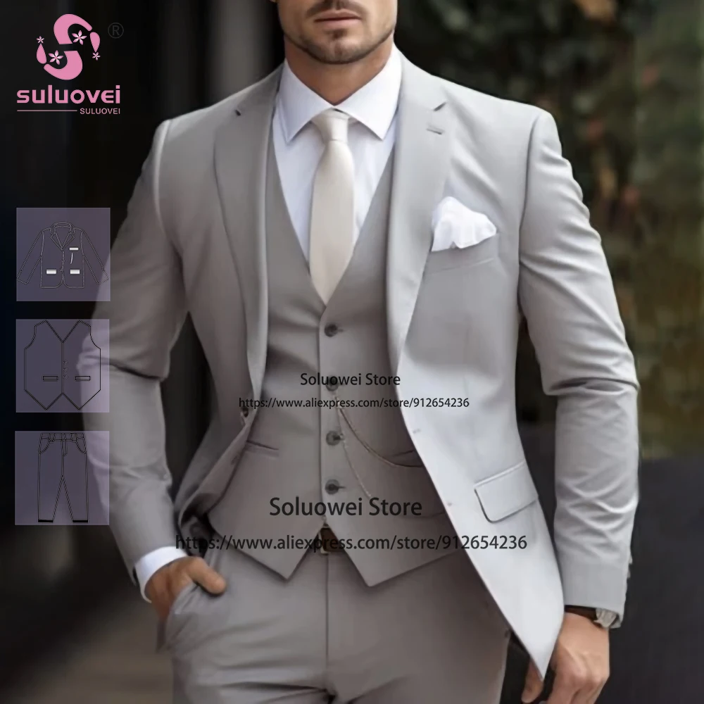 

Fashion Light Grey Suits For Men Elegant Slim Fit 3 Piece Jacket Pants Set Formal Groom Wedding Tuxedos Traje De Hombre Elegante