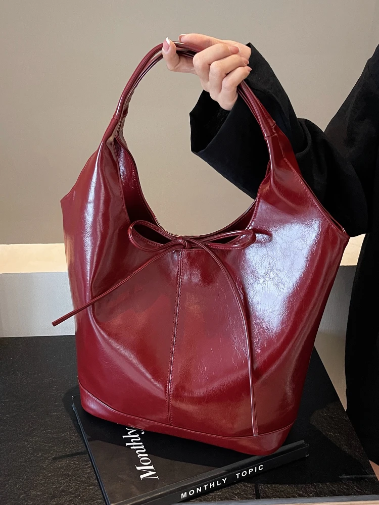 Burgundy Women Shoulder Bags Vintage PU Leather Large Capacity Handags 2024 New Lady Shopping Tote Bucket Bag