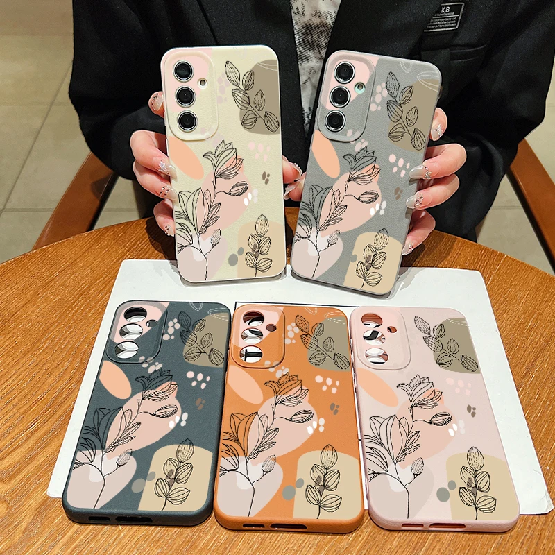 Line Flower Case For Samsung Galaxy A55 A35 A25 A15 S24 S23 S22 Ultra S21 S20 FE A16 A52 A53 A14 A34 A54 5G Capa Leather Texture