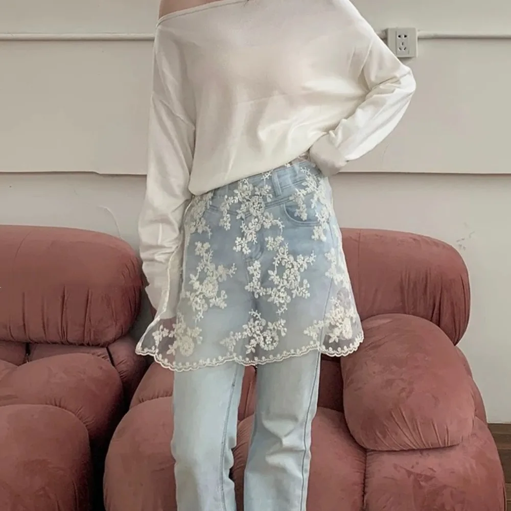 Soft Sweet Lace Half Skirt Flower Embroidery Y2K Gauze Skirt Lace-up Hight Waist Outwear Mini Skirt Streetwear