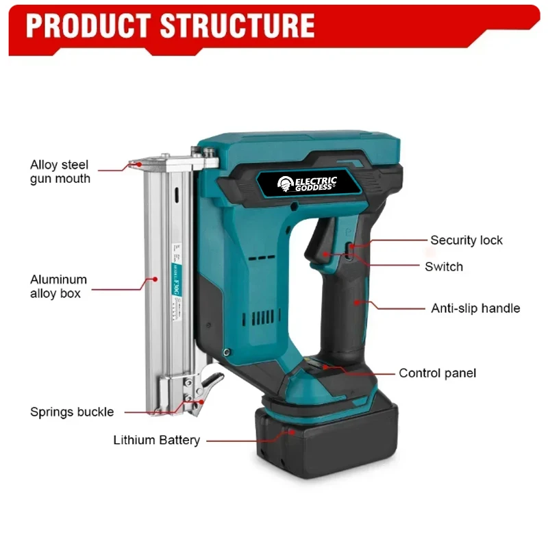 For  Electric Goddess Industrial Grade Cordless Nail Gun Straight/N-shape Universal Nailing Machine for Woodworking