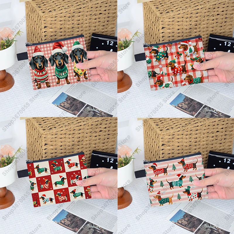 Christmas Snow Fun Dachshund Dog Pattern Coin Bag Women Key Earphone Cards Holder Christmas Tree Coin Purse Zipper Money Bag