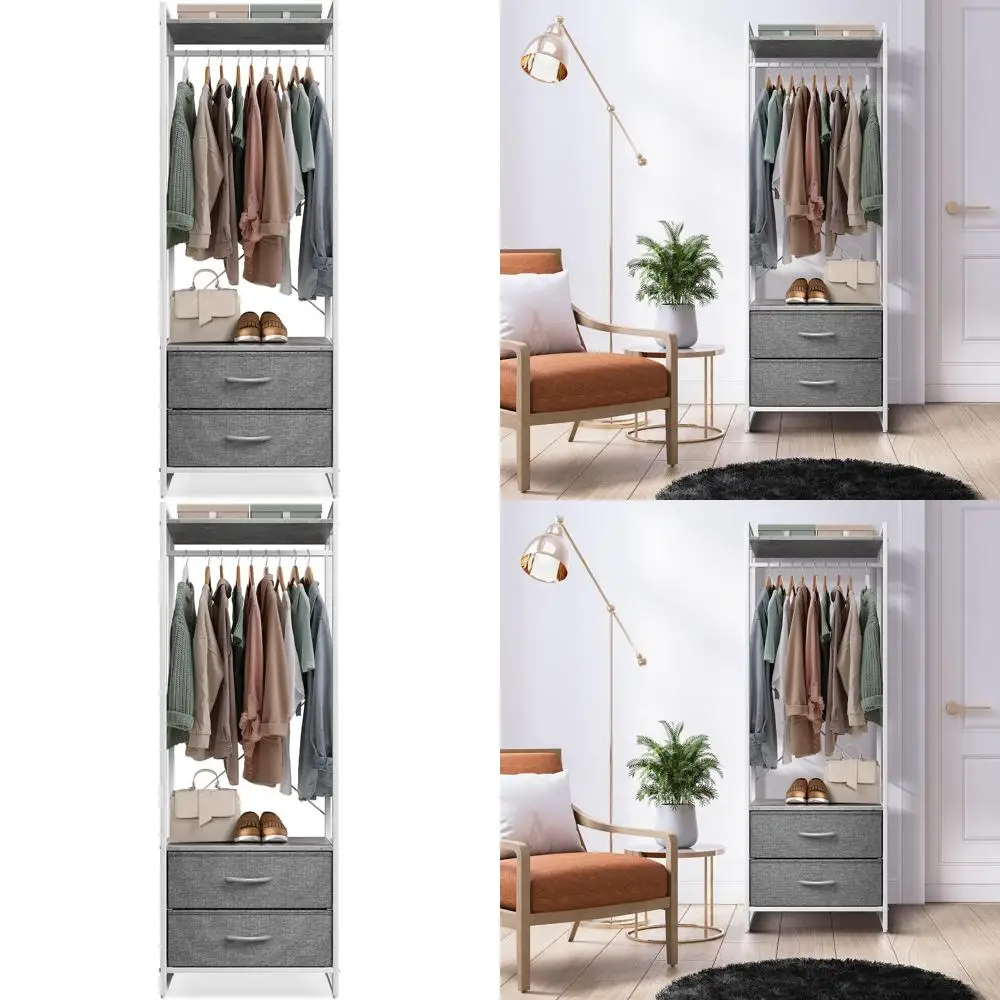 

Wooden Top Steel Frame Fabric Drawers Tall Closet Organizer - Garment Rack for Hanging Clothes & Dresses