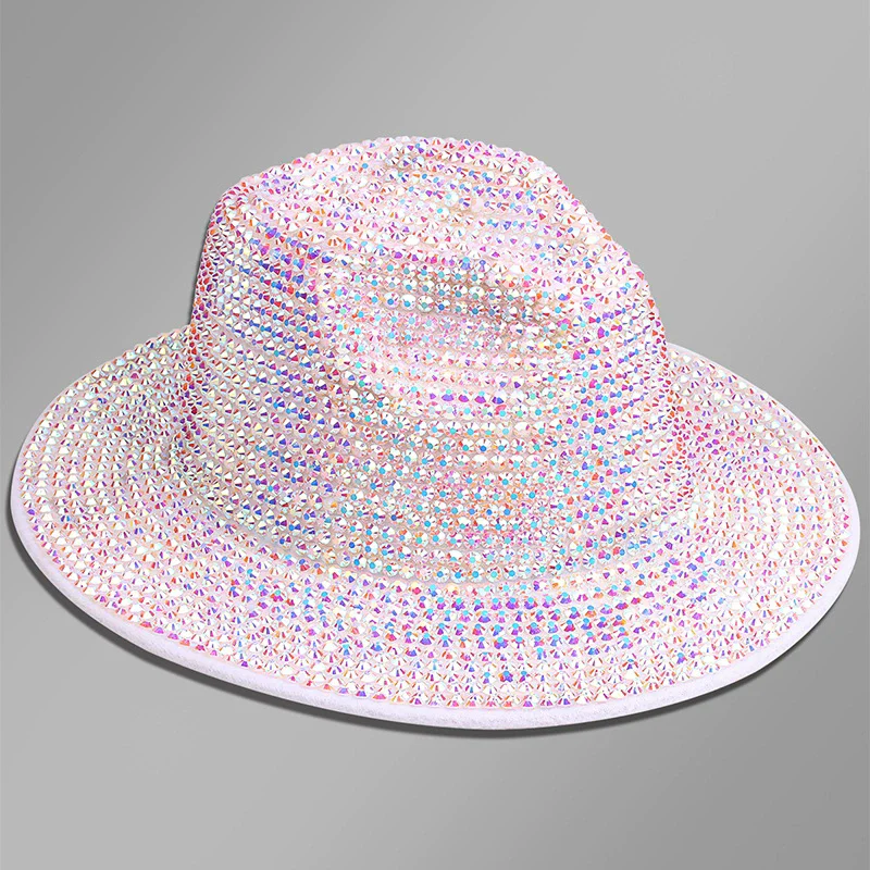 Chapeau de Cowboy unisexe entièrement en diamant Panama pour hommes et femmes, chapeaux de Jazz à large bord, Design en strass, fête sur scène, Performance sur scène, Fedora