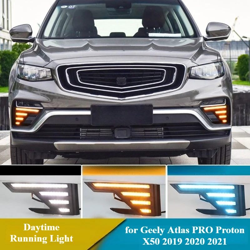 for Geely Atlas PRO Proton X50 2019 2020 2021 with Yellow Turn Signal Light Fog Lamp Cover Car LED DRL Daytime Running Light