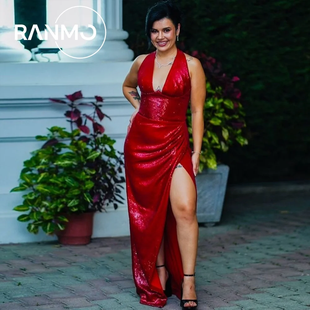 

Ranmo 2026 Red Exquisite A-line Side High Slit Evening Dress Elegant V-Neck Bridal Gown Sequined Sleeveless Customized New Dress
