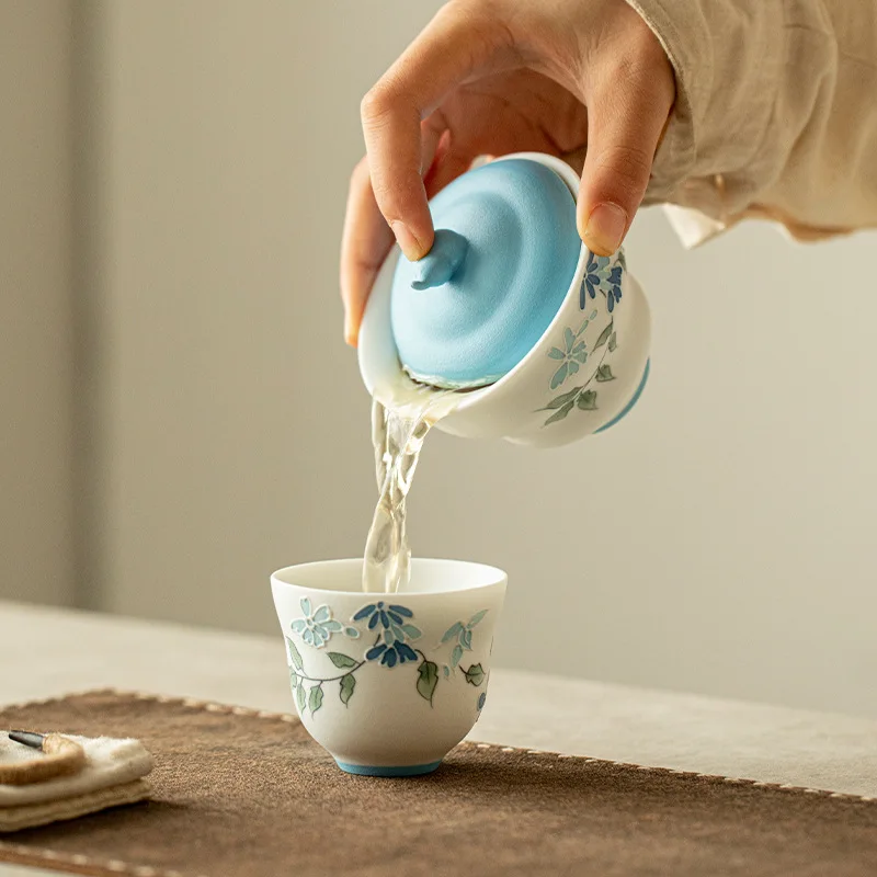 Hand-painted Blue Radish Covered Bowl Snowflake Underglaze Color Gourd Single Gaiwan Tea Infuser Ceramic Tea Bowl Teapot Teacup