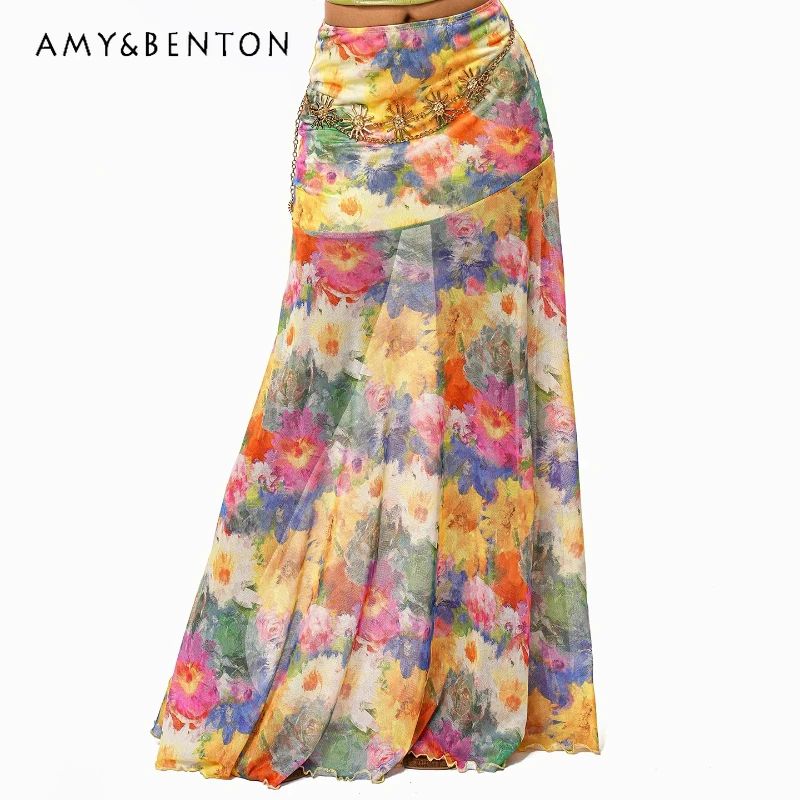 

Fashion Personalized Oil Painting Tie-dye Women's Long Skirt 2026 Summer New Beach Seaside Vacation Mesh A-line Skirts Ladies