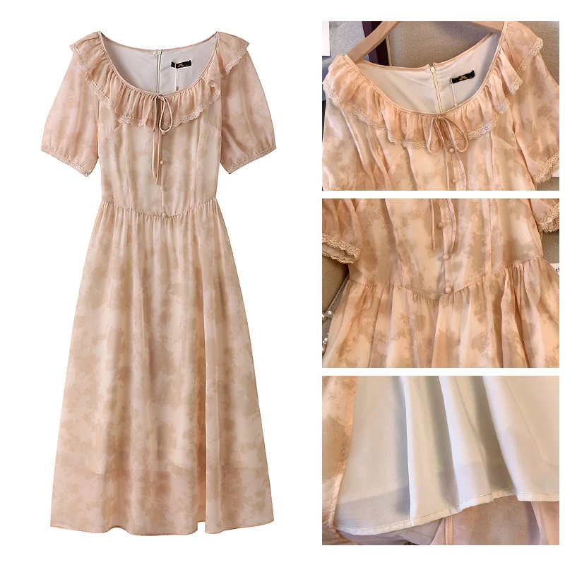 Vestido casual de verão feminino, tamanho grande, tecido chiffon, decoração de renda, solto, confortável, saia estilo feminino, gola redonda, novo, 2024