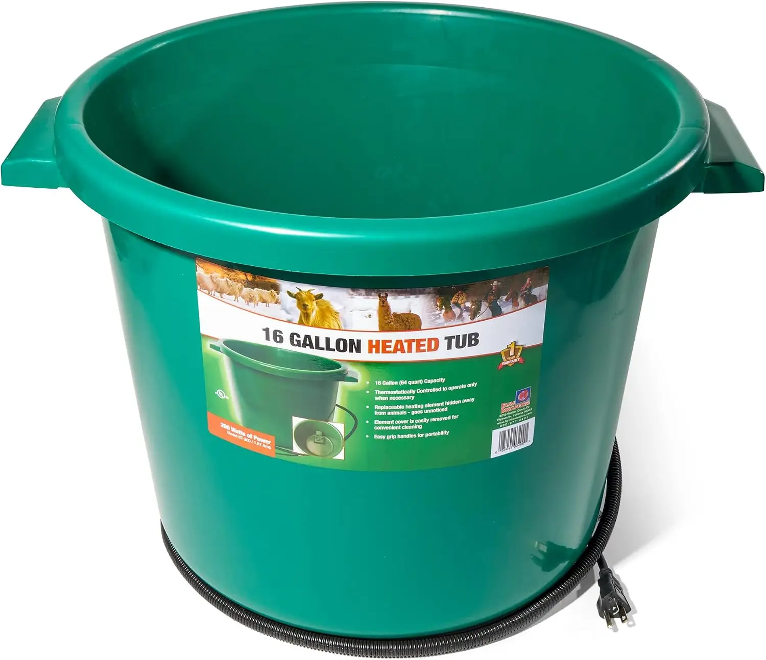Farm Innovators 4 Pack Heated Water Bucket, 200W Heating Power - 16 Gallon Plastic Bucket with Replaceable Heating Element for L
