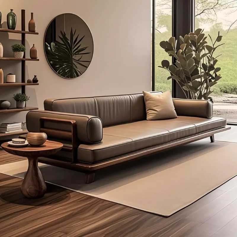 New Chinese-style solid wood sofa, living room 2025 new North American leather inline sofa