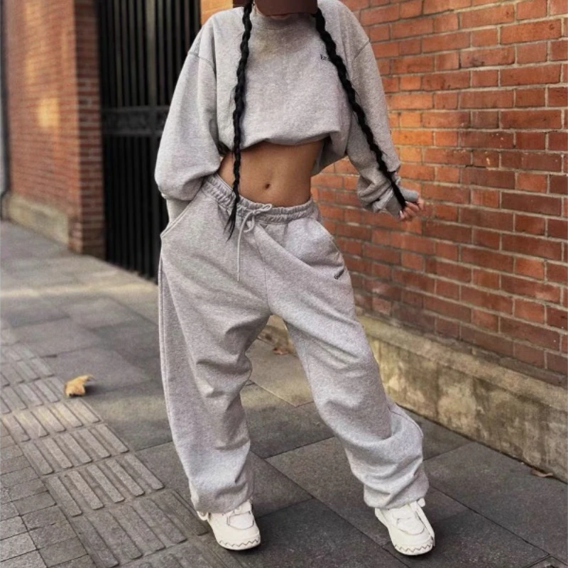 Qweek Oversized Casual Dames Grijze Joggingbroek Amerika Hiphop Sport Baggy Broek Koreaanse Mode Streetwear Wijde Pijpen Broek