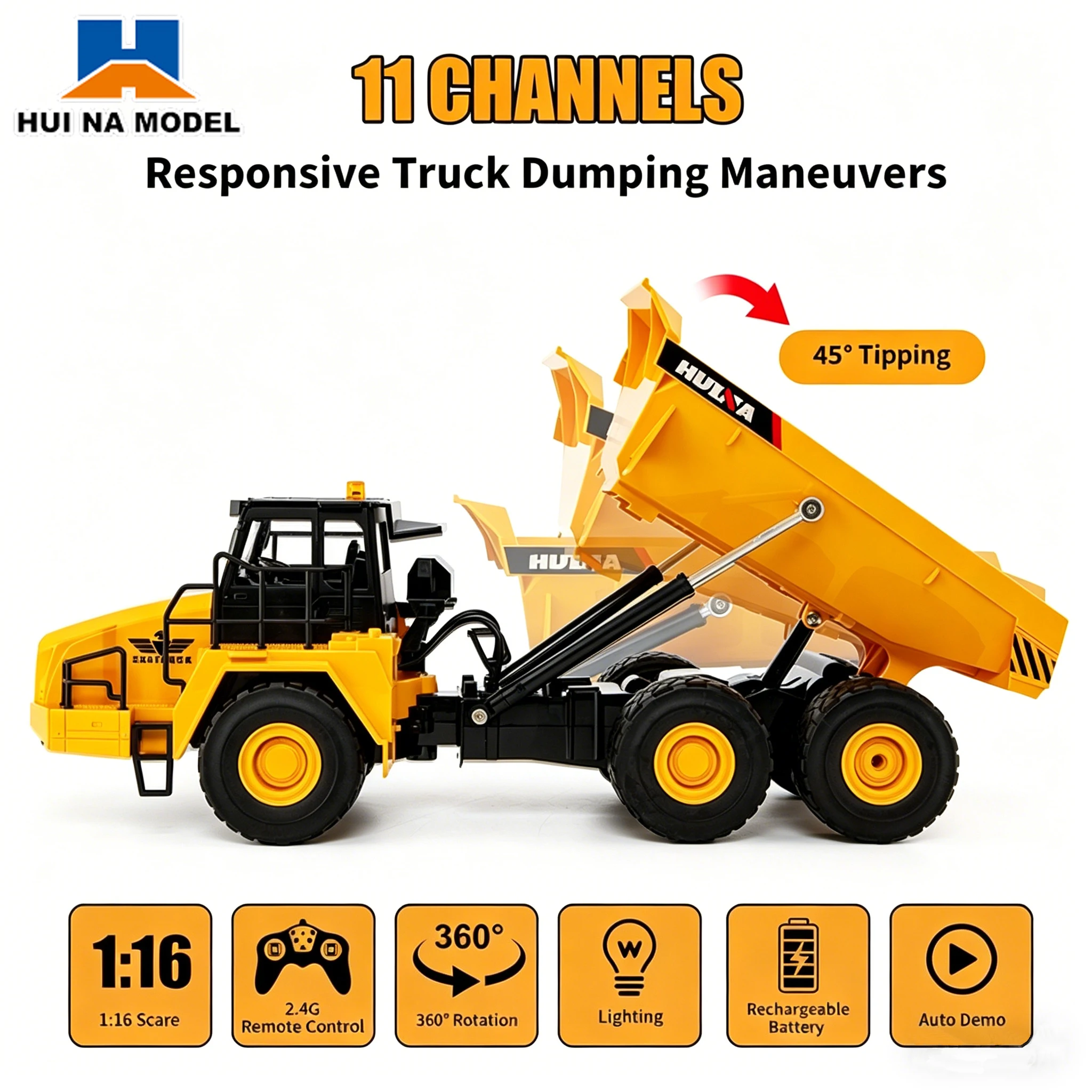 HUINA Model 1:16 RC Car Dump Truck 2.4G Remote Control 11 Channel 360° Rotation Auto Demo RC Simulation Construction Vehicle Toy
