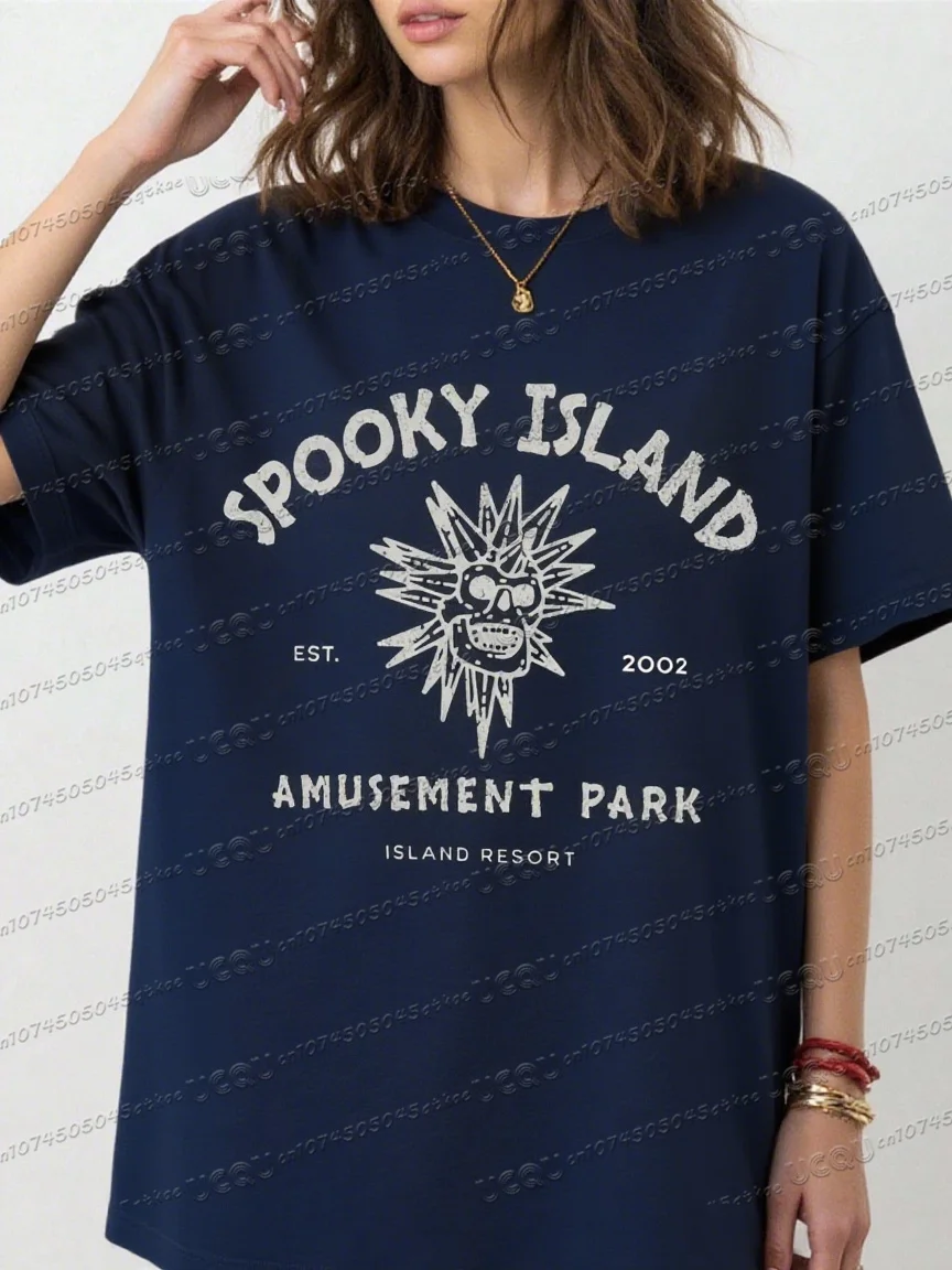 تي شيرت قطني مطبوع عليه رسوم كرتونية على شكل جزيرة مخيفة تي شيرت صيفي للسيدات على الموضة بأكمام قصيرة وفضفاض ومريح