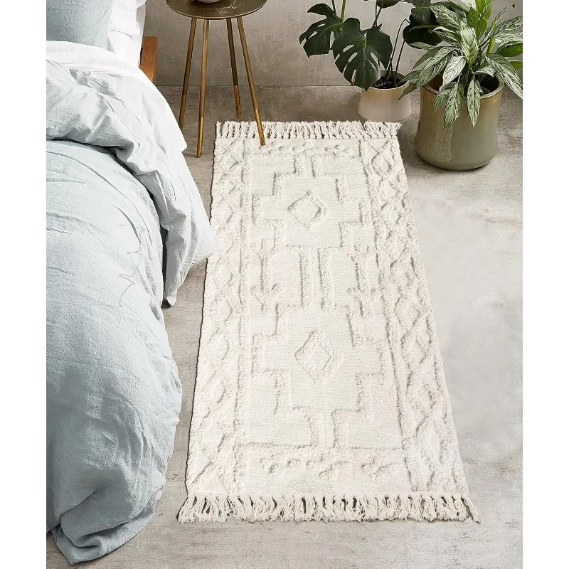 Boho Bathroom Runner Rug 2' x 4.3', Washable Woven Cotton Bedroom Rug Runner, Beige Aesthetic Tufted Entryway Runner Rugs