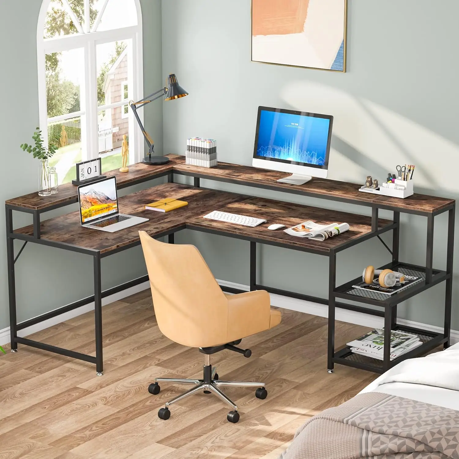 L Shaped Desk with Monitor Stand, Storage Shelf, Industrial Computer Table, Writing Desk for Home Office, 69 Inch