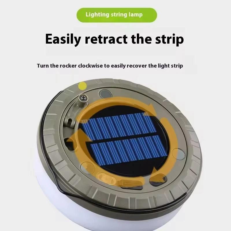 Solar Camping Lantern LED Flashlight with 10-Meter String Light Type-C Portable Outdoor Tent Lamp with Hook for Atmosphere Light